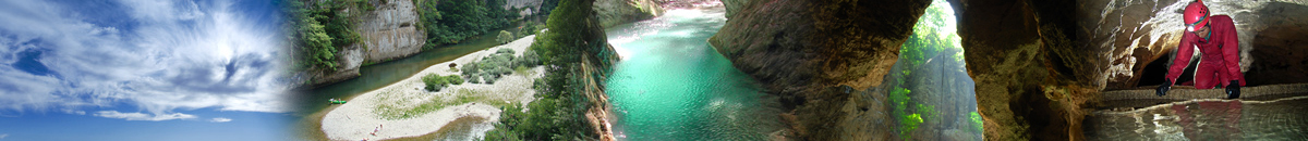 bandeau images ciel, rivière, grotte, gouffre, spéléogue dans rivière souterraine.uterraine